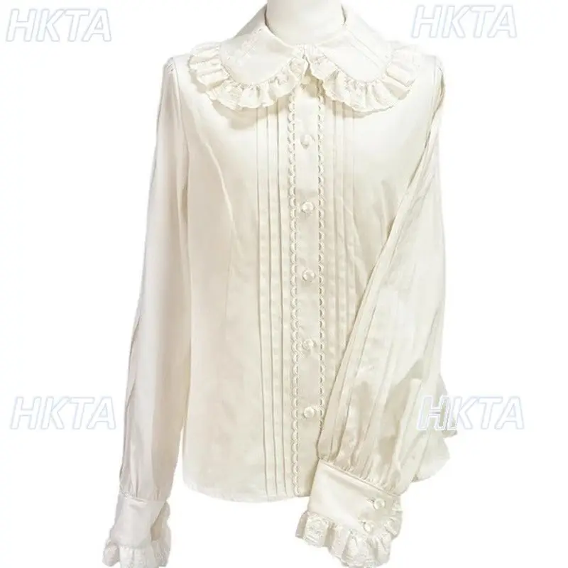 เสื้อเชิ้ตสีขาวลูกไม้หวานสไตล์คาวาอี้ อเนกประสงค์ สำหรับฤดูใบไม้ร่วงและฤดูหนาว น่ารัก ผ้าฝ้าย จีบ แขนยาว คอตุ๊กตา สไตล์โลลิต้า เสื้อตัวในสำหรับผู้หญิง