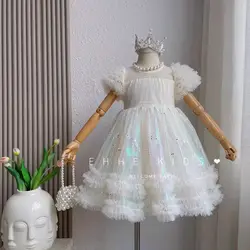 Girl's casual party dress summer 2024 new children's bubble sleeve sequin birthday gift girl fluffy gauze dress princess dress