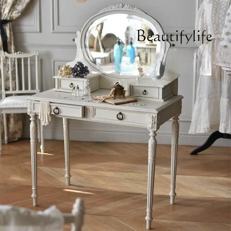 

ls 42American country solid wood small apartment bedroom dresser, French simple engraving can store retro makeup table