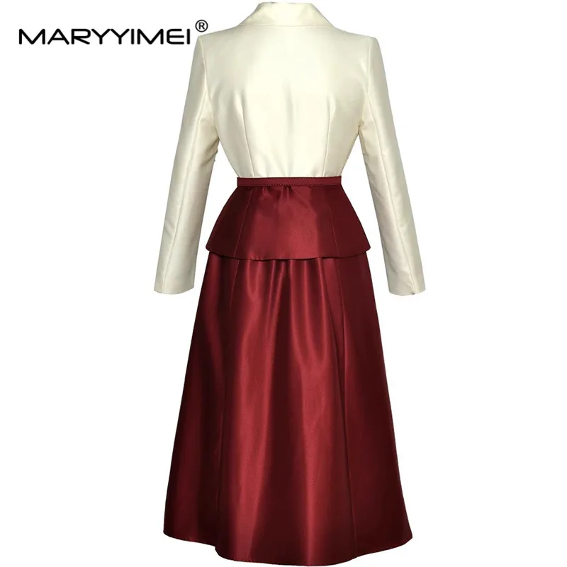 Maryyimei Herfst En Winter Damesjurk Lange Mouwen Kralen Hoge Taille Kleur Blok Patchwork Modieuze Midi Jurken