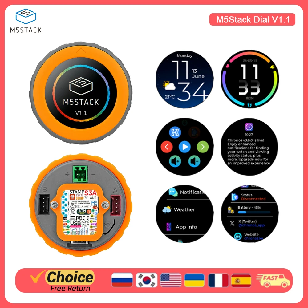 

Программируемый контроллер M5Stack Dial v1.1 с энкодером Stamp-S3A, встроенным RFID и 1,28-дюймовым круглым сенсорным экраном для управления умным домом