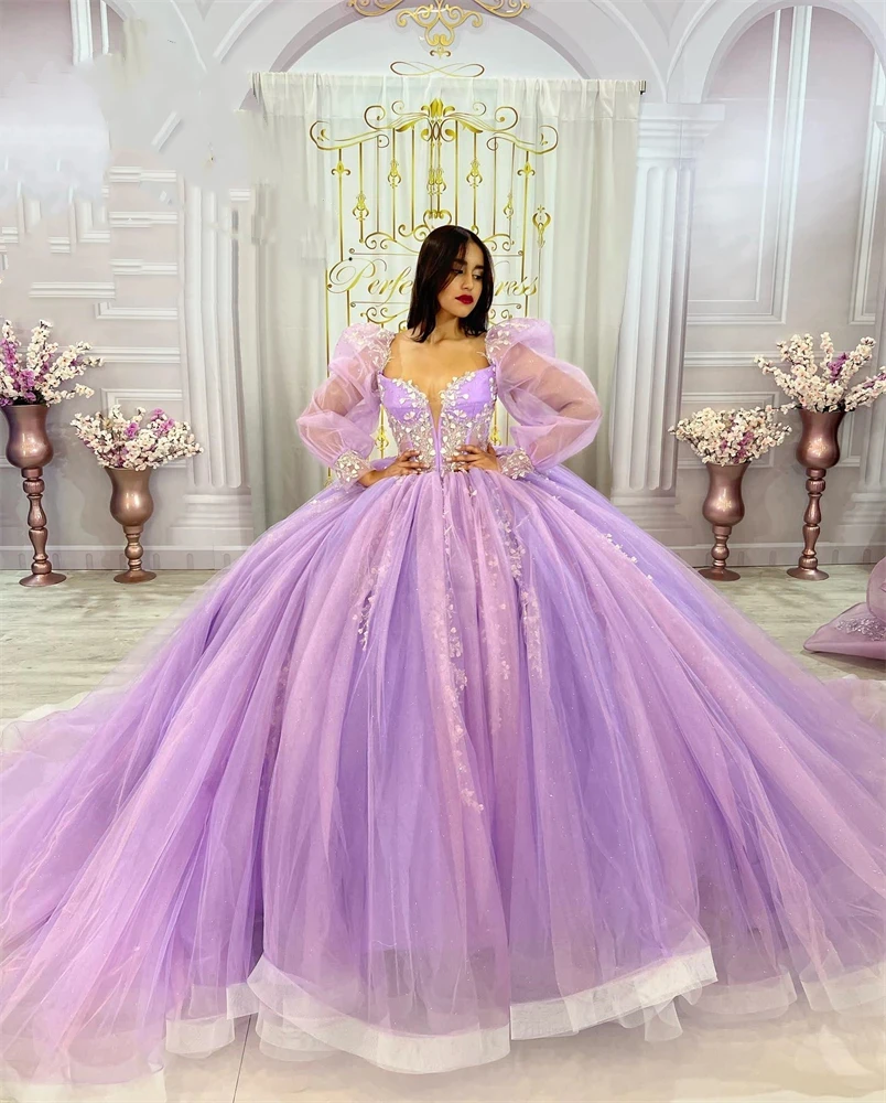 ANGELSBRIDEP vestido de baile de quinceañera con cuello cuadrado, vestido de princesa Lila púrpura, apliques de cuentas, manga de linterna, vestidos de fiesta de celebridades