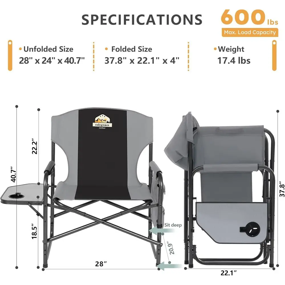 Double Pack Heavy Duty Outdoor Camping Chairs, 600 lbs Capacity, 28 Seat, Black