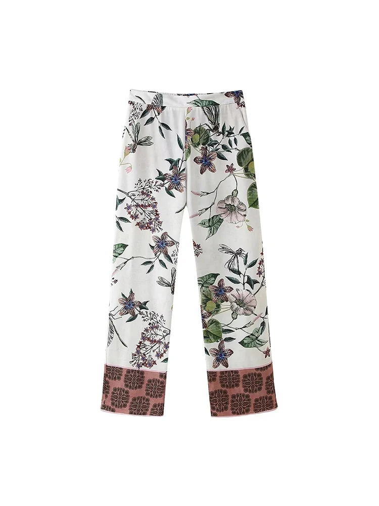 

TRAF2024 new European and American women's clothing temperament high waist slim flower print elastic straight trousers trend