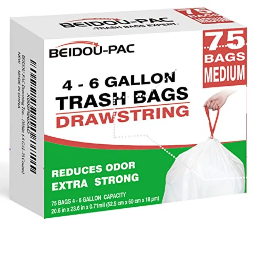 

Trash Bags Drawstring, 75 Count Garbage Bags, Medium Kitchen Trash Bags, Odorless and Heavy Duty White Plastic Food Scrap Bags