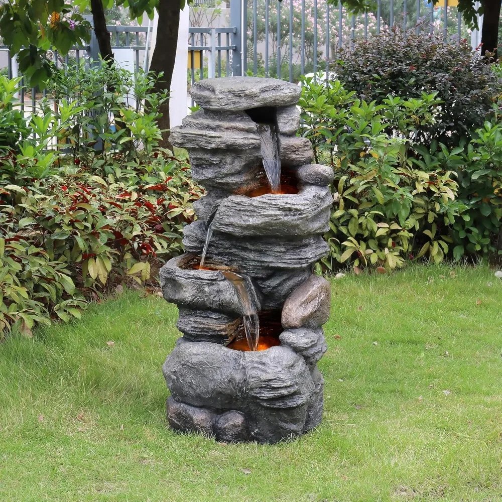 

39.37 in. Outdoor Faux Stacked Stone 4-Tier Water Fountain with LED Lights and Pump, Gray Yard & Garden Decor Garden Supplies