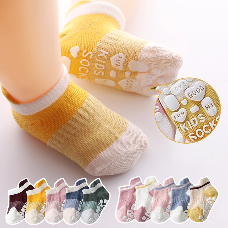 

5 Pairs of Baby Dispensing Non-slip Socks Solid Color Striped Girls and Boys Breathable Rubber Floor Socks Baby Toddler Socks