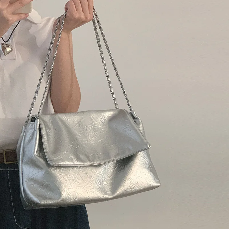 Simple Flap Large-capacity Shoulder Bags 2024 New Fashion Women\'s Commuter Silver Underarm Bags Portable Female Chain Handbags