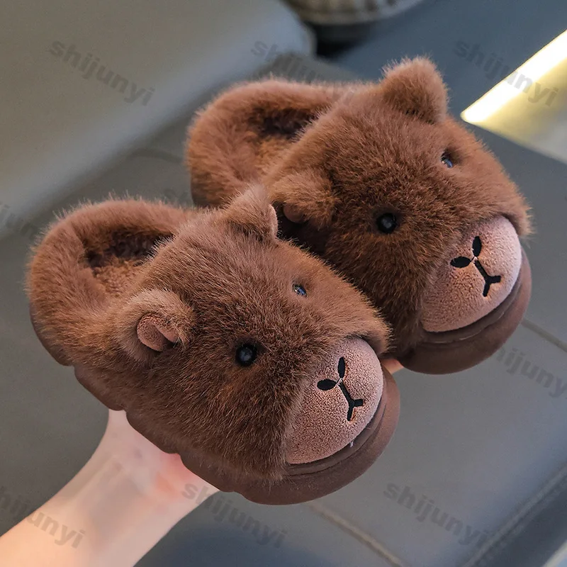Capybara Children Slippers Cute Fluffy Winter 2025 Indoor Home Cotton Shoes Woman Warm Comfortable Cartoon Plush Floor Shoes