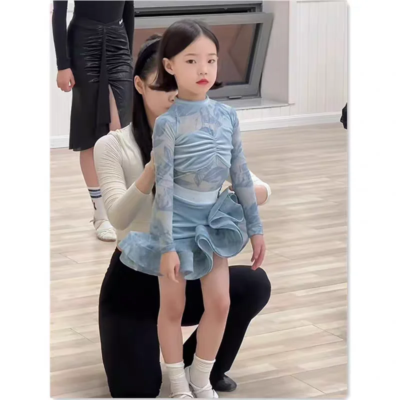 아동 라틴 댄스 의상 2025 신상 여아 가을 겨울 연습복 세트 고급스러운 댄스 드레스