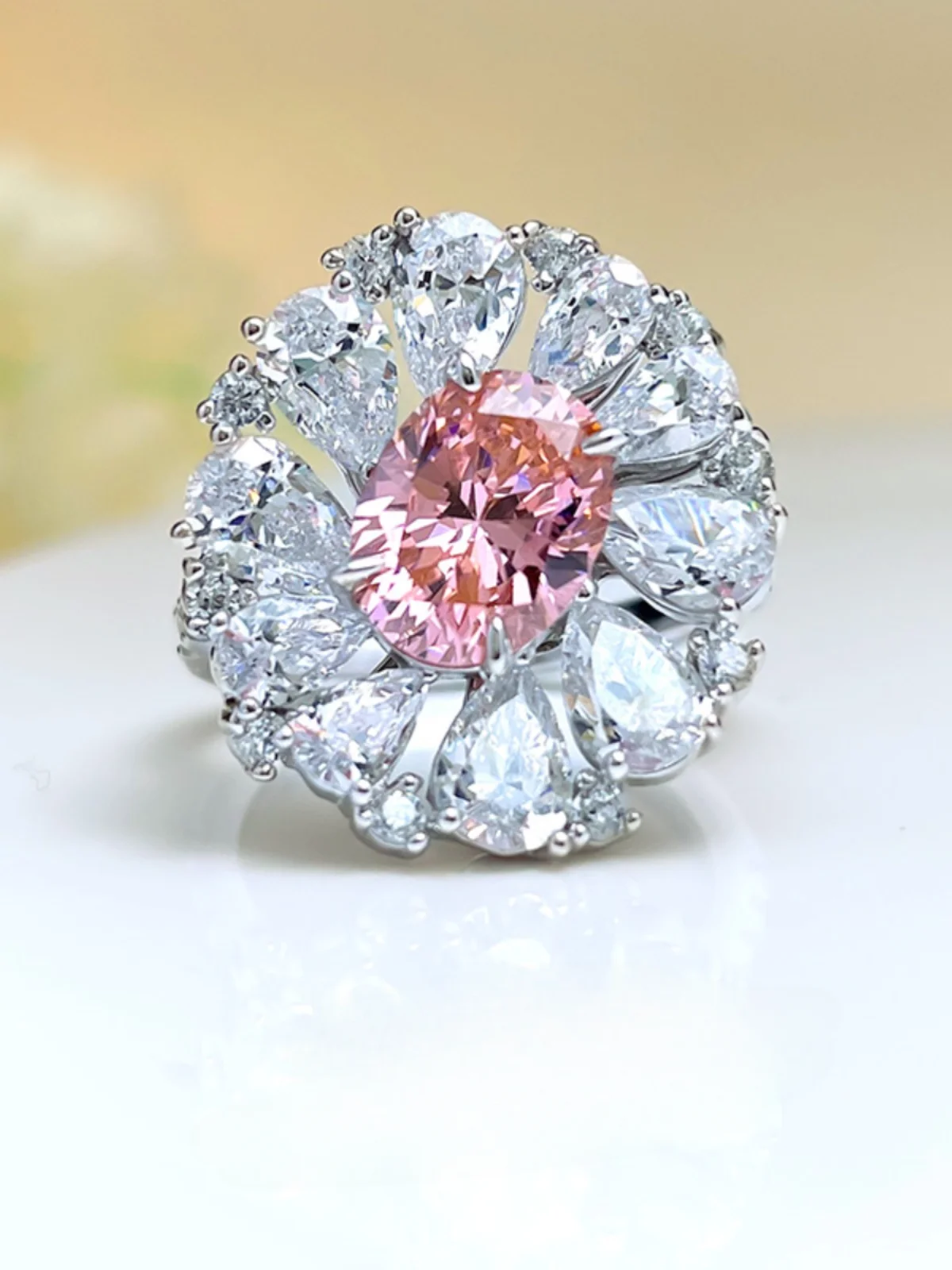 

Super fairy pink orange ring 925 silver light luxury niche exquisite imported high carbon diamond versatile floral jewelry