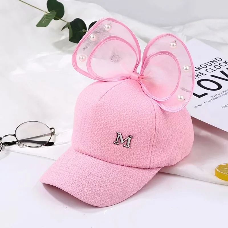 Kids girls cute M letter cartoon hats Summer child boy baby casual trucker hat Breathable mesh Animal Ear Baseball cap Pearl bow