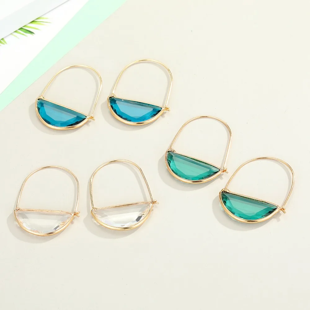 Vintage Glass Semi Circle Earrings Multicolor Half Round Earrings Transparent Crystal Earrings Gold Plated Geometric Earrings
