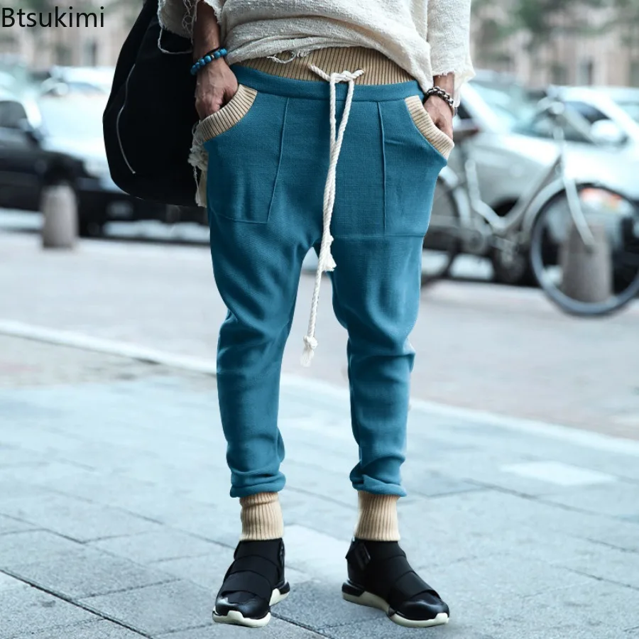 Men's Autumn Brown Casual Sports Trousers Loose Tucked Foot Drawstring Personalized Color Block Knitted Casual Trousers for Men