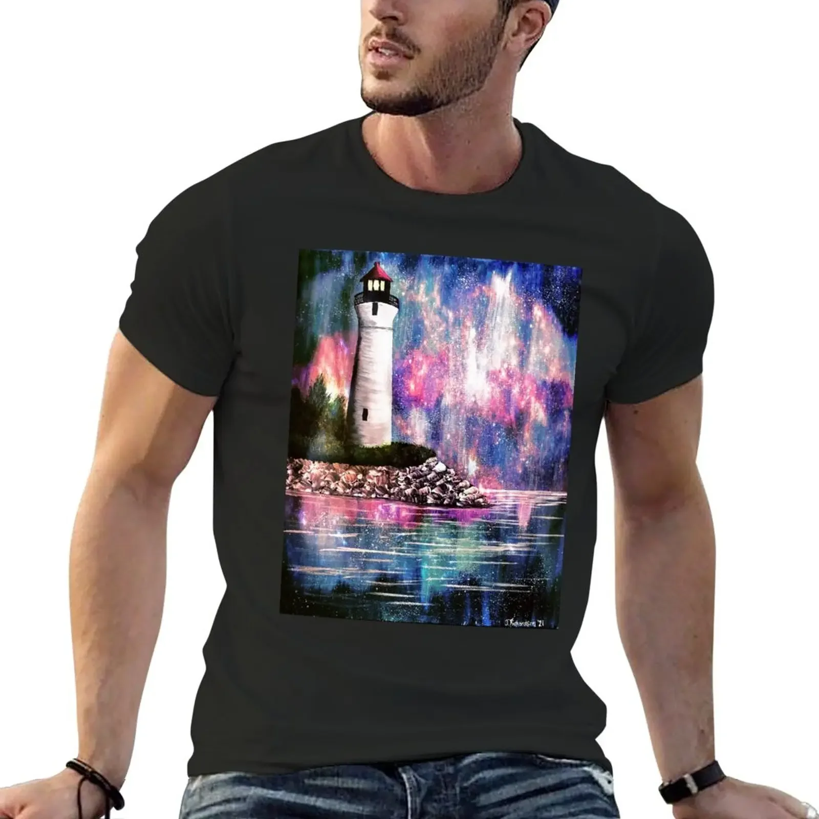 Crisp Point Lighthouse with Galaxy Aurora T-Shirt cute clothes hippie clothes plain white t shirts men