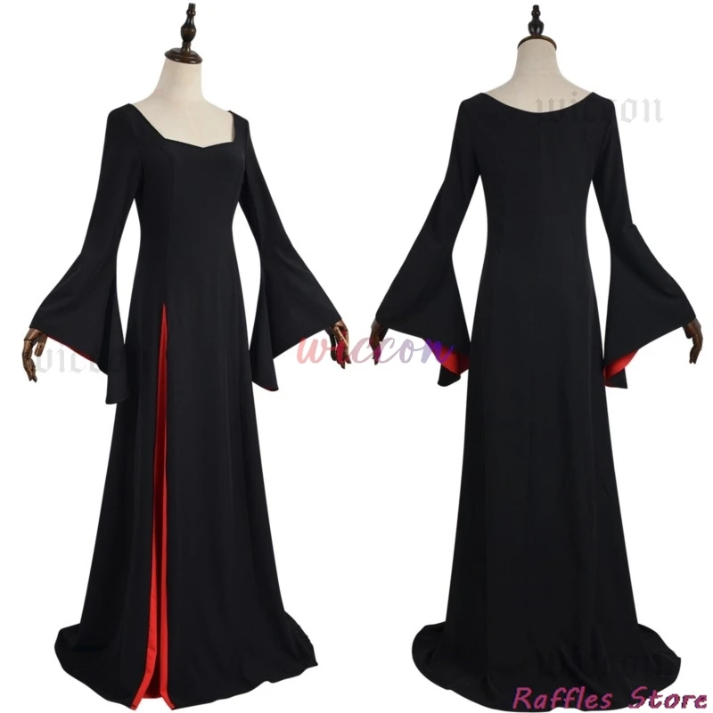 Morticia تأثيري حلي رداء أسود شعر مستعار مجموعة المرأة القوطية فستان ماكسي تنورة الكبار خمر حفلة تنكرية للهالوين