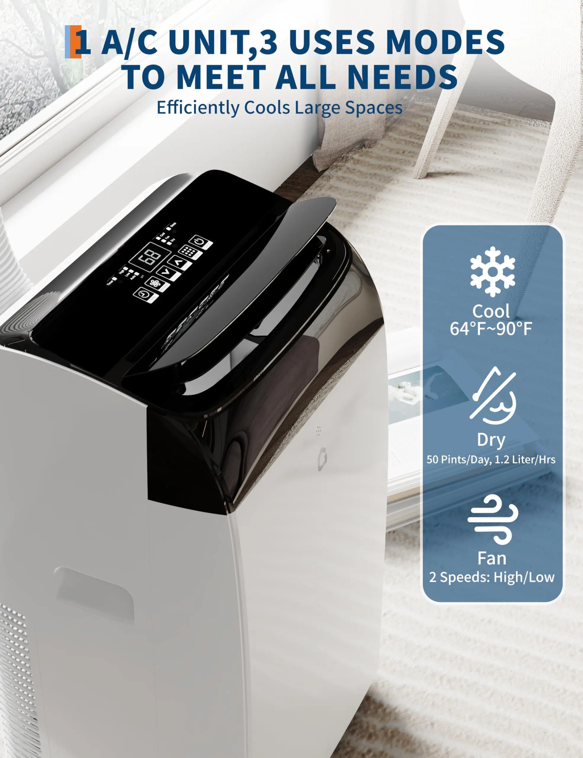 12000 BTU Portable Air Conditioner, 3-in-1 Cool/Dehumidify/Fan, Cools Up to 550 Sq Ft, 50dB Quiet, 24H Timer Remote Control, Window Kit for Bedroom Living Room Office