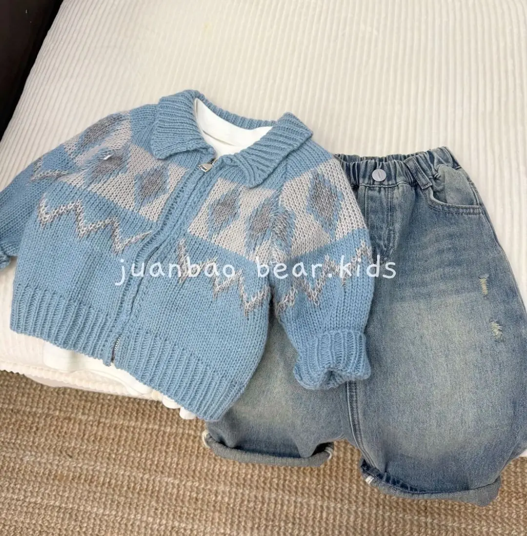 Boys Girls Vintage Argyle Sweater Cardigan Spring Autumn New Kids Lapel Zipper Knitted Jacket Children Clothing view 2