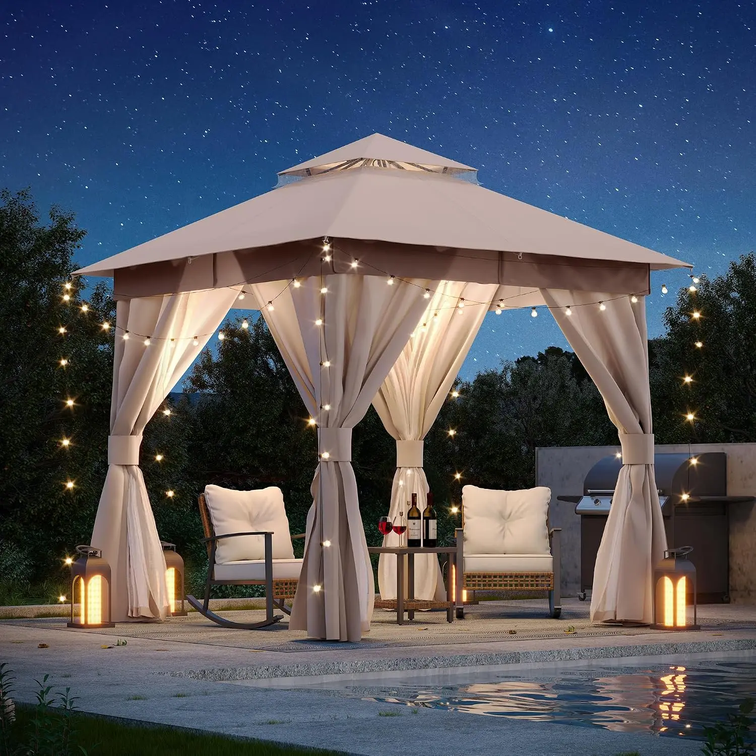 Patio Gazebo 8'x8' Heavy Duty Party Tent Shelter Double Roof Mosquito Netting Privacy Screen Backyard Garden Lawn, Customized