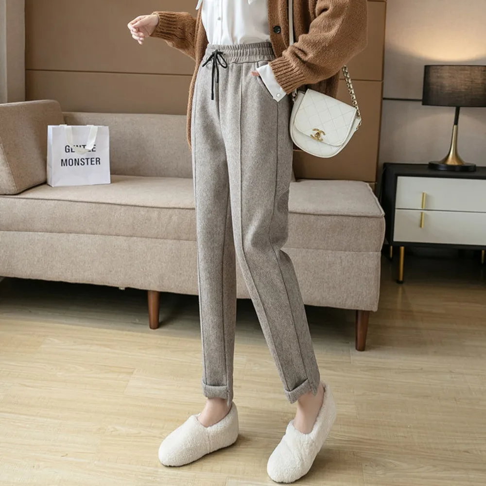 Spodnie codzienne Jesień Zima Ocieplane polarem Grube wełniane spodnie Luźne koreańskie spodnie z wysokim stanem, wiązane w kostce, typu haremki, obcisłe spodnie
