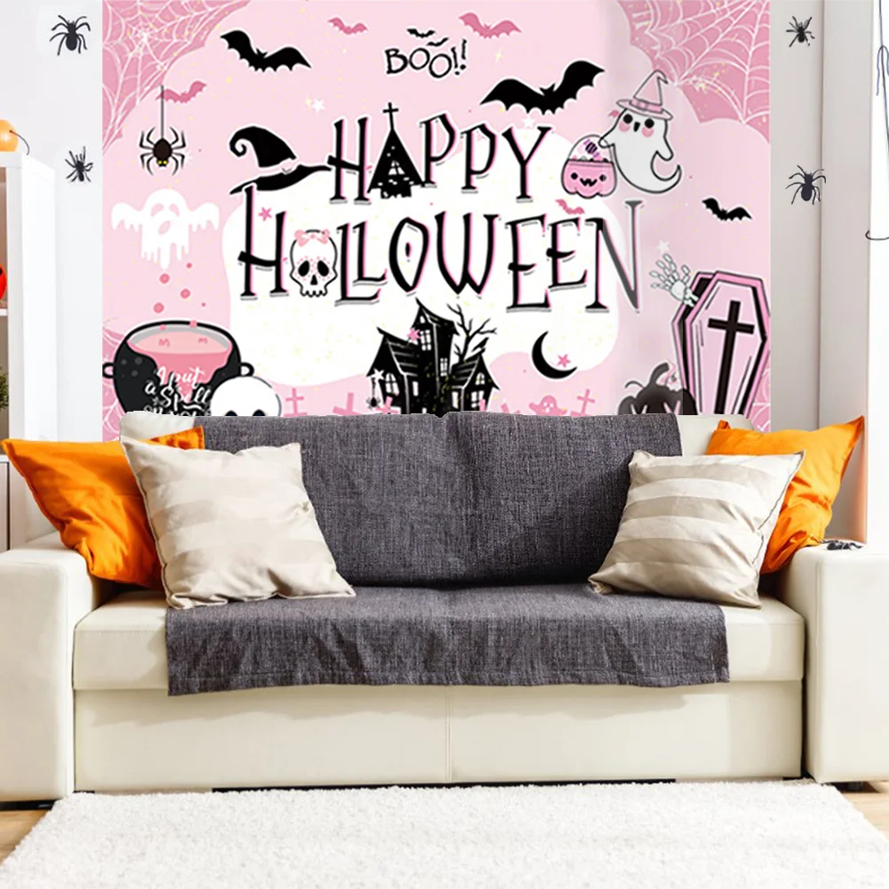 Pink Halloween Decor Ghost Witch Black Cat Pattern Hanging Banner Background Tablecloth Cake Topper Birthday Party Home Decorati