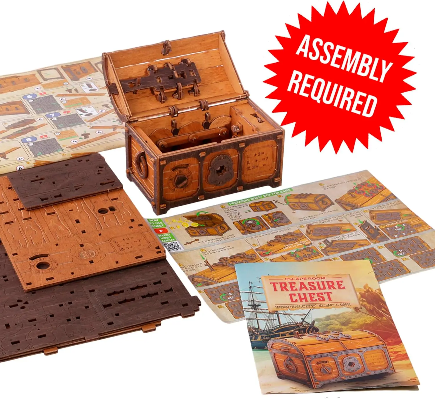 Schatztruhe Escape Room in a Box – Harte Puzzleschachtel für Erwachsene, Holzbausatz – Clue Box Escape Puzzle – 3D-Escape Room-Puzzles –