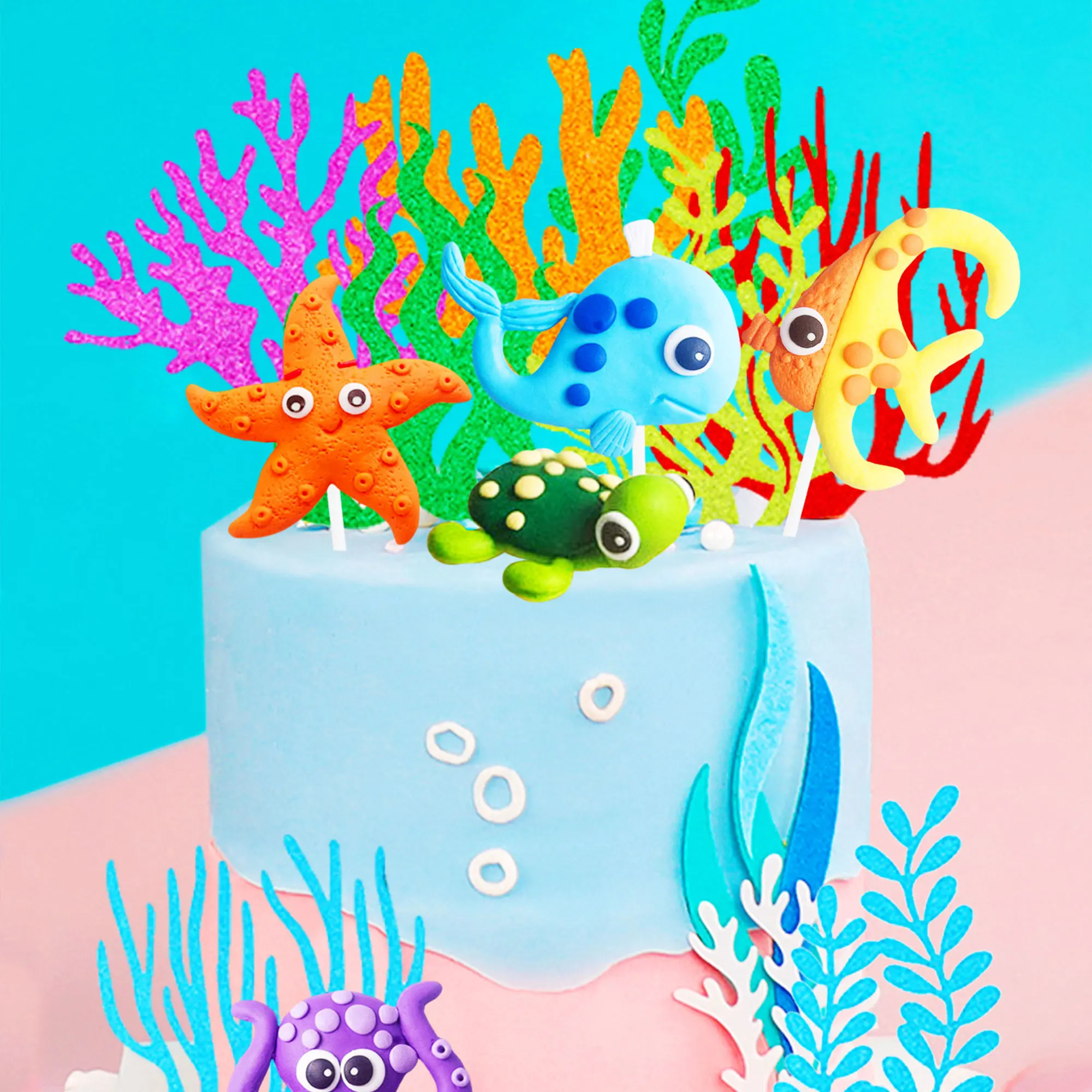 LaVenty Under the Sea Cake Toppers Ocean Animal Cupcake Toppers Ocean Sea Theme Gender Reveal Birthday Party Cake Decorations