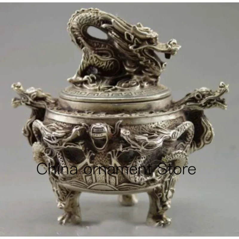 

Collectibles Decoration Handmade Tibetan Silver Carving Dragon Incense Burner Signature
