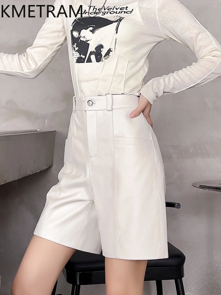 KMETRAM 100% طبقة علوية من سراويل النساء من جلد الغنم لخريف 2025 سراويل قصيرة من الجلد الطبيعي بأرجل واسعة بطول الركبة ملابس نسائية