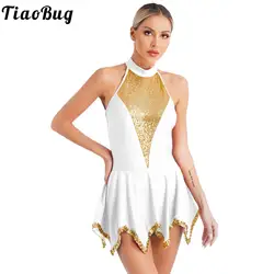 Womens Sequin Ballet Tutu Dress Gymnastics Leotards Sleeveless Irregular Hem Figure Ice Skating Dress Performance Dance Costume