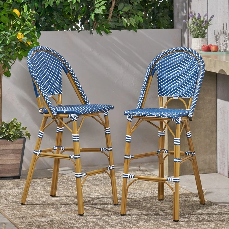 

29.5" Outdoor PE Rattan Barstool Set of 2, Dark Teal White Aluminum Frame Bamboo Finish