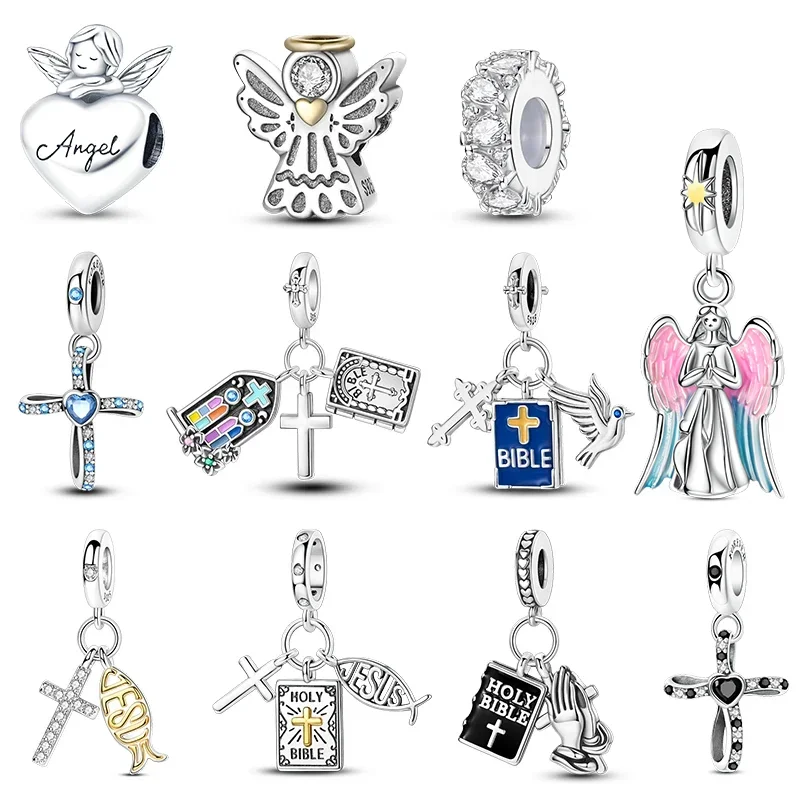 Breloques Perles de la Série Anges Argentés, Prières, Croix, Bible, compatibles Bracelet, Sac, Porte-clés, Boucles d'oreilles, Pendentif, Bijoux DIY pour Femme, Cadeau
