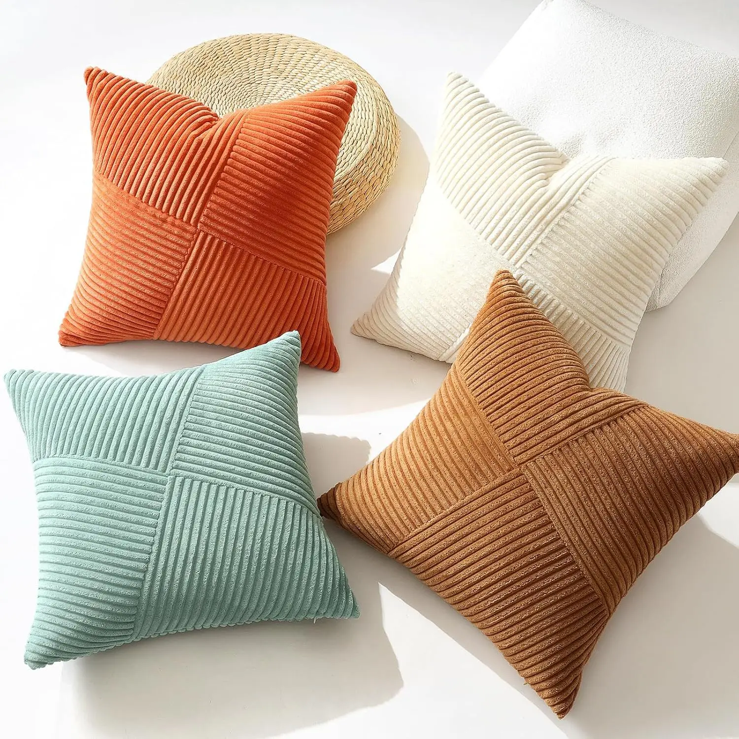 Solid Cozy Corduroy Cushion Cover with Patchwork Orange Blue White Ivory Green For Home Decor 16x16