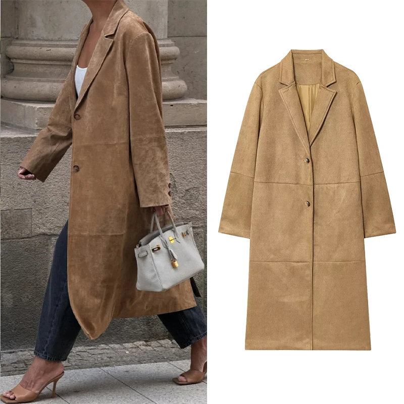 

Женская винтажная модная куртка-пальто 2025 г., женская однобортная длинная куртка с лацканами, осенне-зимняя пригородная одежда Trafizaran