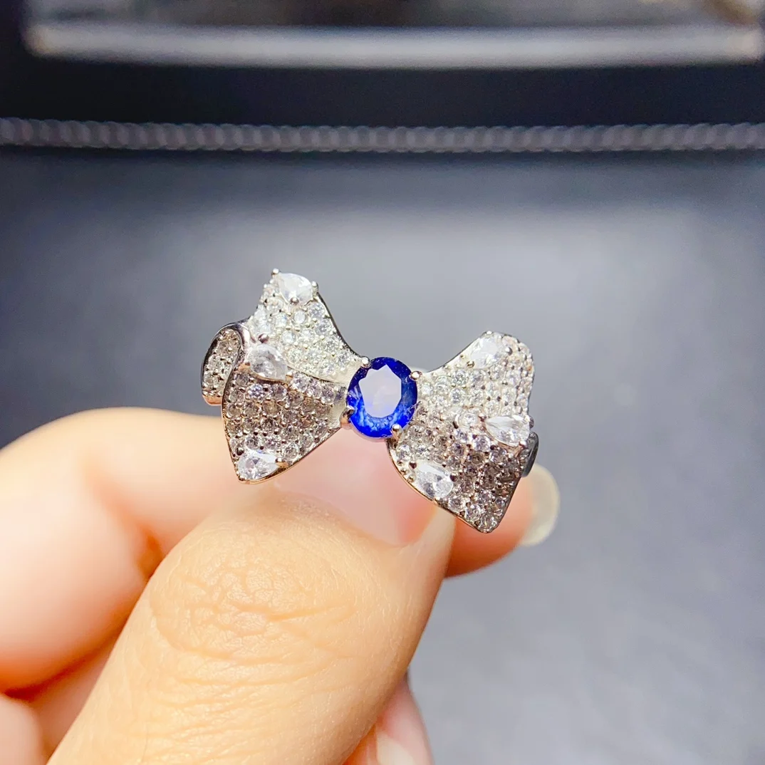 FS 5*6mm Natural Sapphire S925 Sterling Silver Zircon Bow Ring for Women Fine Fashion Charm Weddings Jewelry Certificate MeiBaPJ