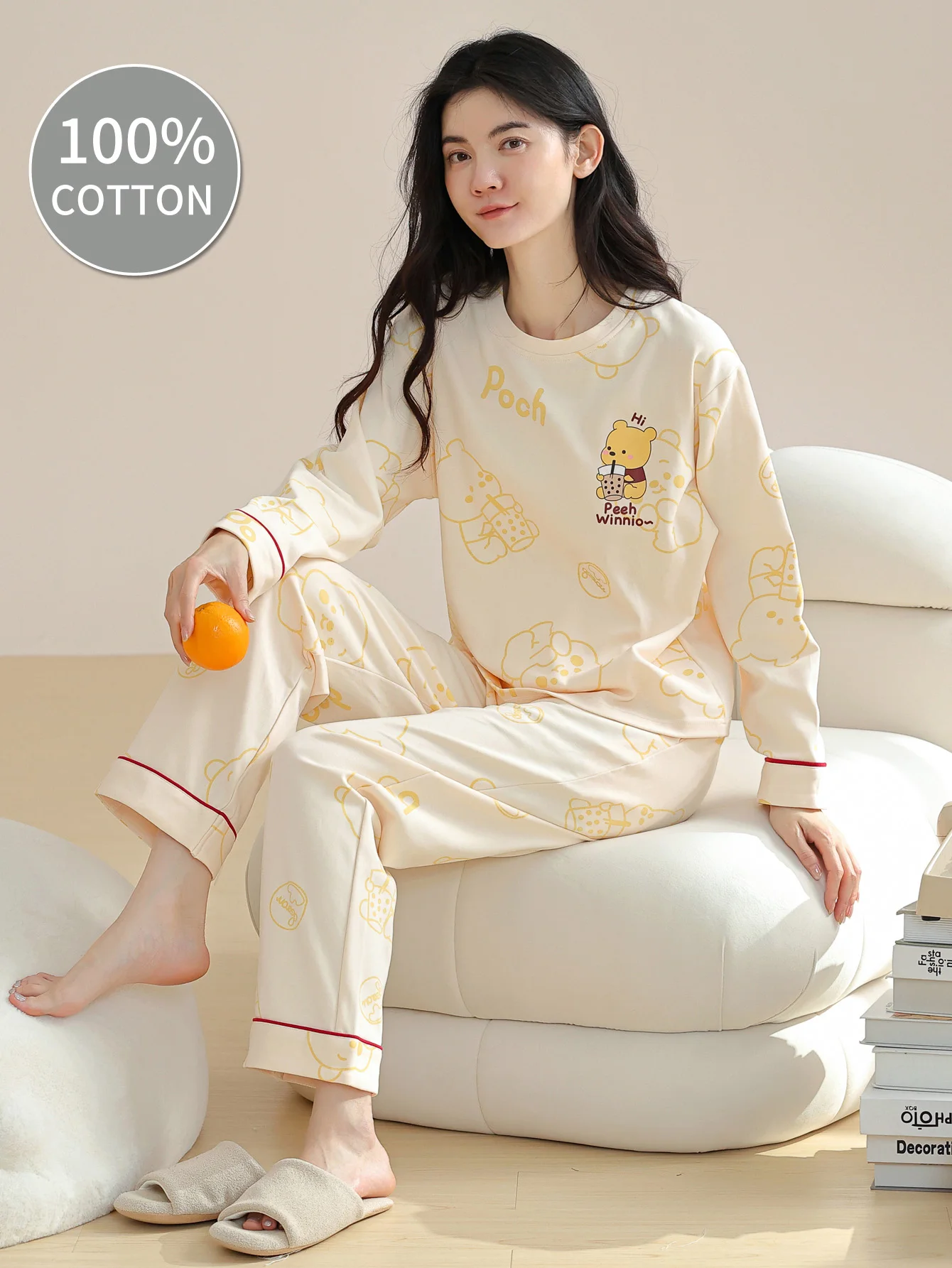 

100% Cotton Sleepwear, Women's Autumn and Winter Long-Sleeved Pants, Cute Cartoon Pure Cotton Plus Size Women's Home Suit Set