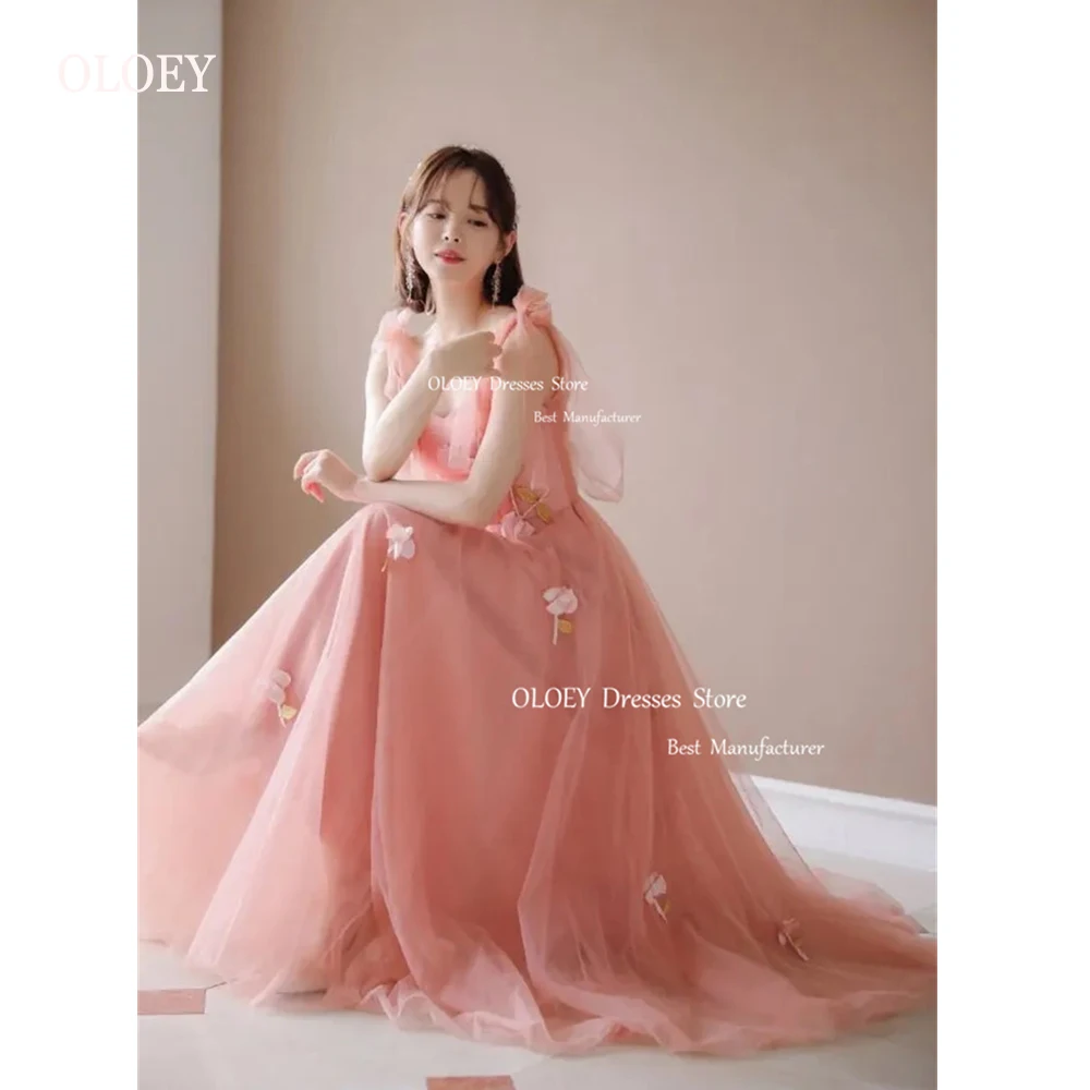 

OLOEY Fairy Soft Blush Coral Pink Tulle Long Prom Dresses Korea Lady 3D Flowers Lace Up Back Evening Gowns Wedding Photoshoot