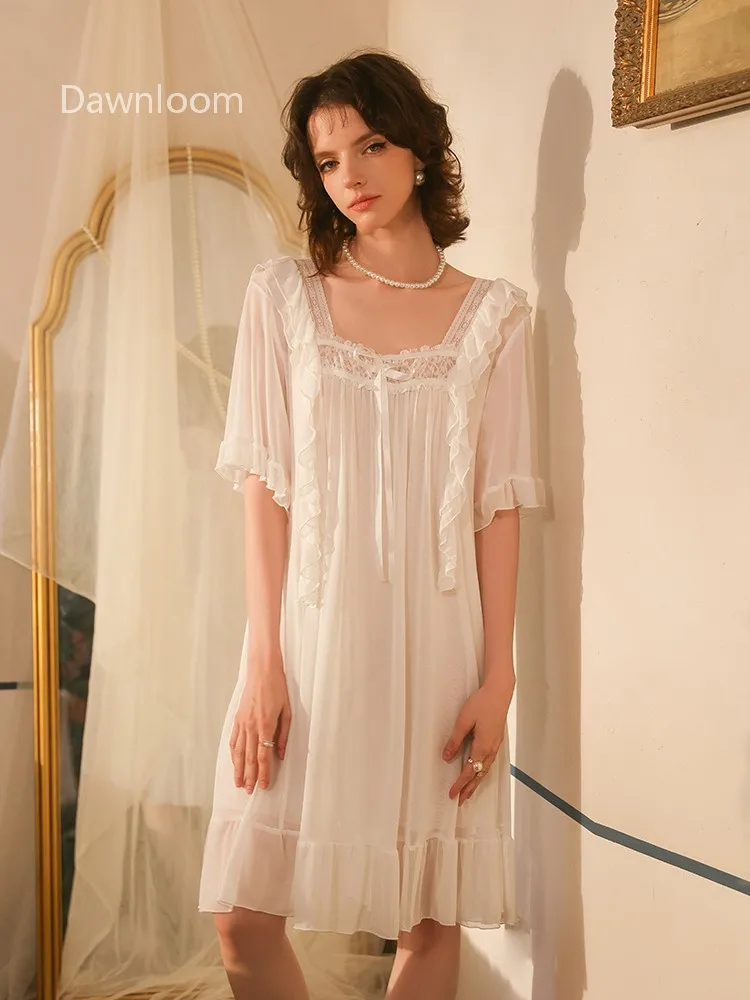 

Dawnloom* White Vintage Lace Nightgown for Women Square Neckline Long Sleeves Imperial style Luxury home wear