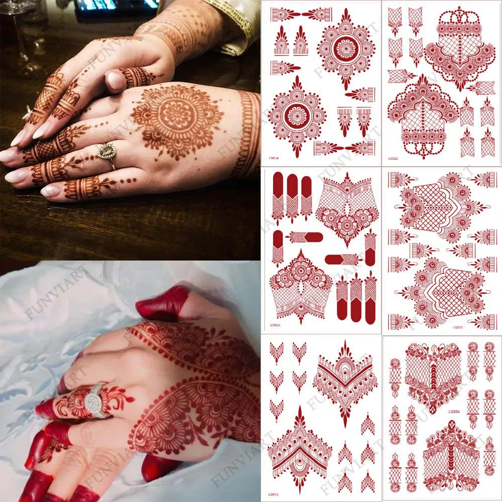 

10 Pcs/Set Maroon Color Henna Tattoo Stickers for Hand Brown Red Henna Tattoos for Women Waterproof Temporary Mehndi Tattoo Fake