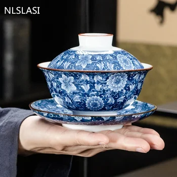 중국어 도자기 차 Tureen 손으로 그린 파란색과 흰색 도자기 가이완 여행 휴대용 Teaware 가정용 음료 용기 찻잔 