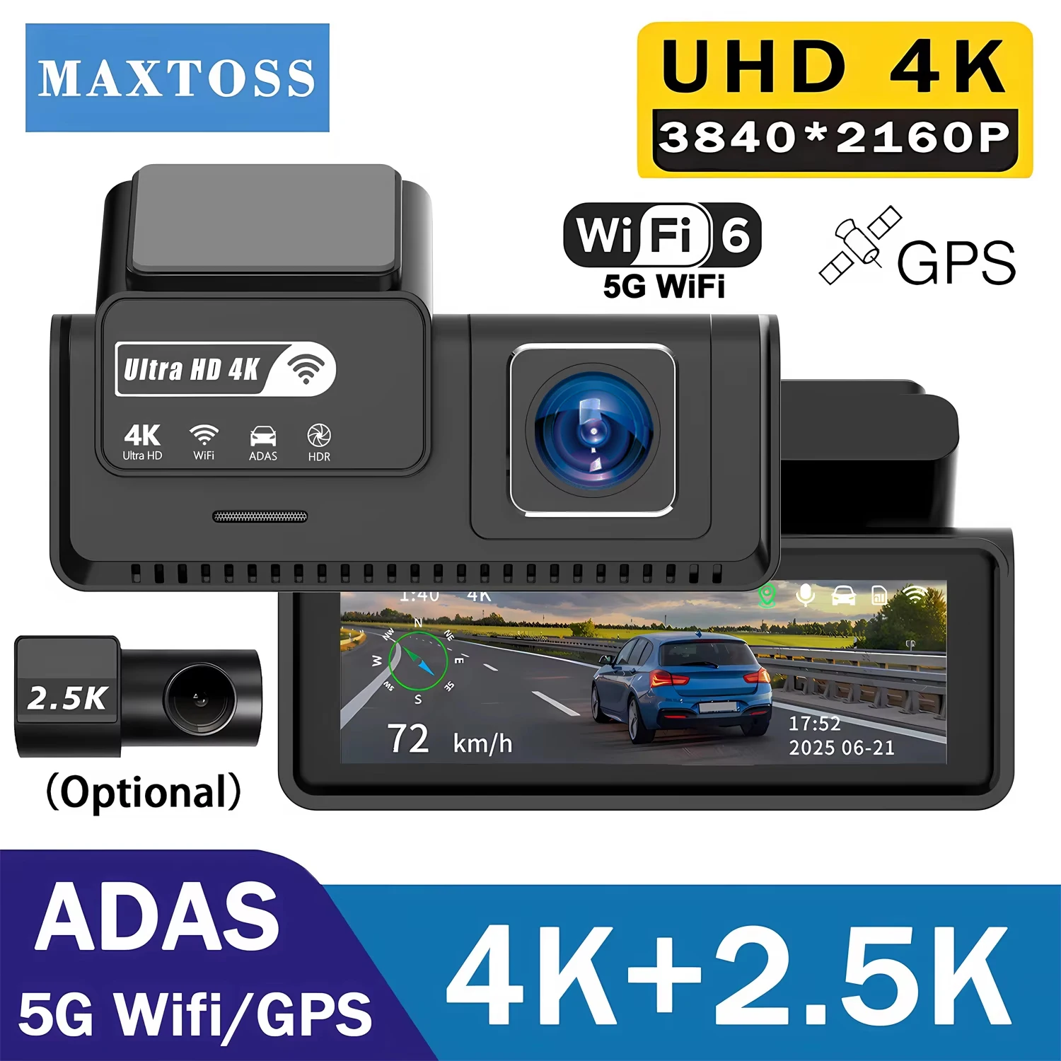 

Видеорегистратор 4K+2.5K с двумя камерами, запись 2160*3840P, встроенный Wi-Fi, GPS, ночное видение, видеорегистратор для автомобиля, режим парковки 24 часа