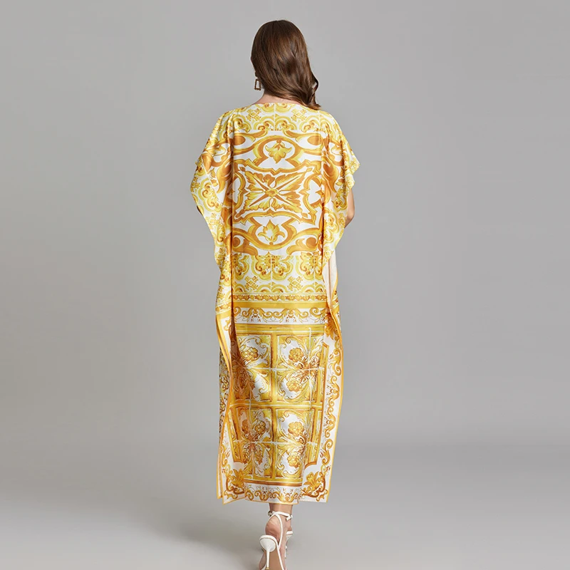 TRAF Summer Runway Vacation Yellow and White Porcelain Print Long Loose Women\'s Batwing Sleeve Side Split Maxi Kaftans Dresses