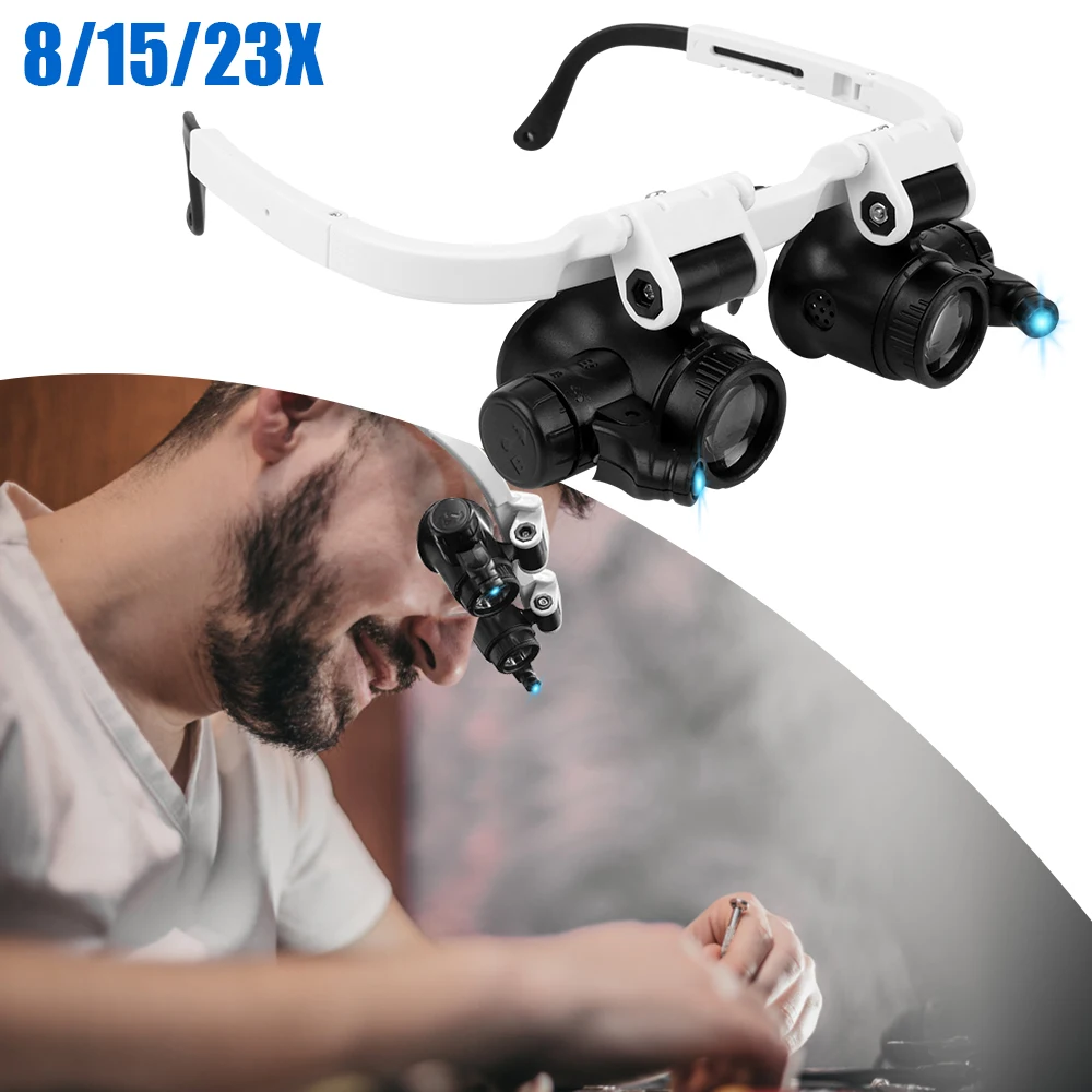 Dual-Lens Eye Loupe Magnifier Magnifying Glasses LED Lights Glasses Magnifier Head Mount Magnifying Glass 2 LED 8x 15x 23x