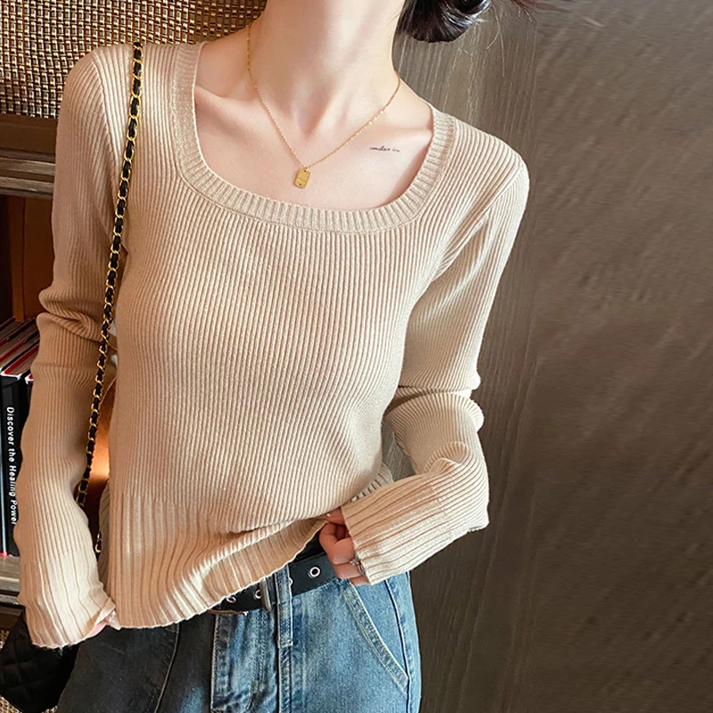 Autumn Winter Korean Solid Color Square Neck Long Sleeve Slim Knitted Sweater For Women