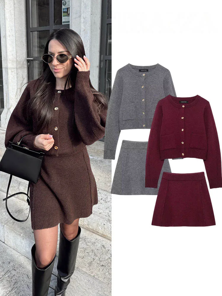 

HH Women Skirt Suit Chic O-Neck Knitted Long Sleeve Single Breasted Pocket Cardigan+Fashion Elastic Waist Slim Mini Skirt