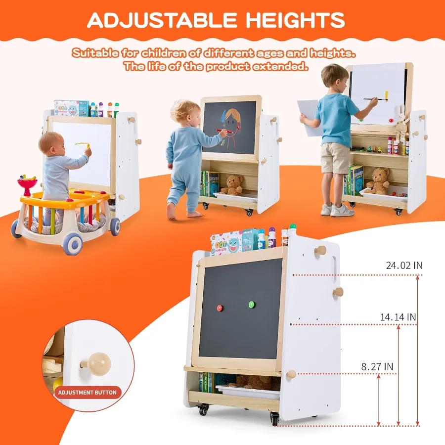 3in1 Wooden Art Easel with Wheels for Toddlers: Bookshelf Toy Storage Organizer and DualSurface Easel featuring Chalkboard Whit