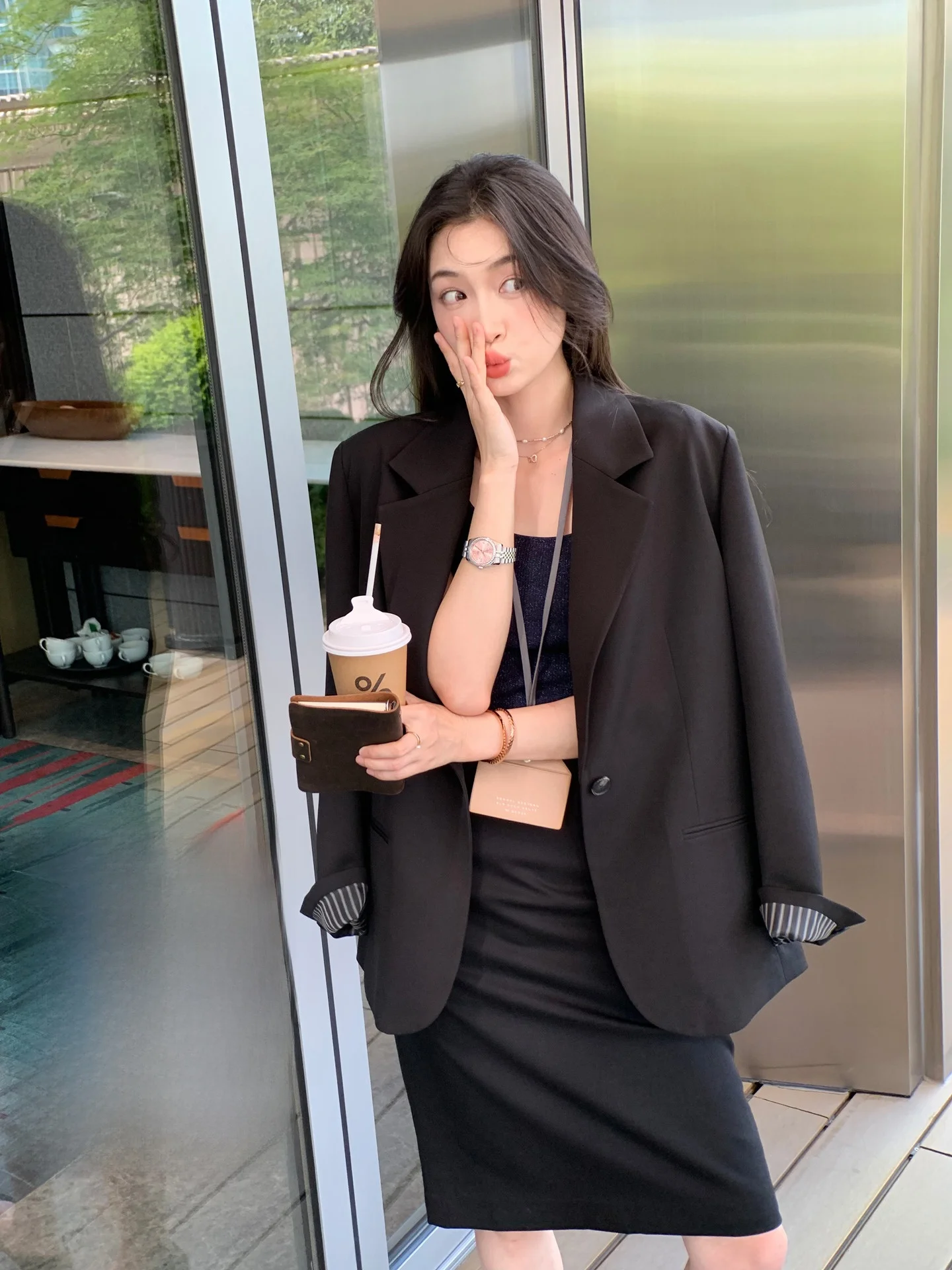 Folelse Traje de corte ancho para mujer Jaet principios de otoño viaje Sle largo Sve cierre de un botón mezcla de poliéster y spandex