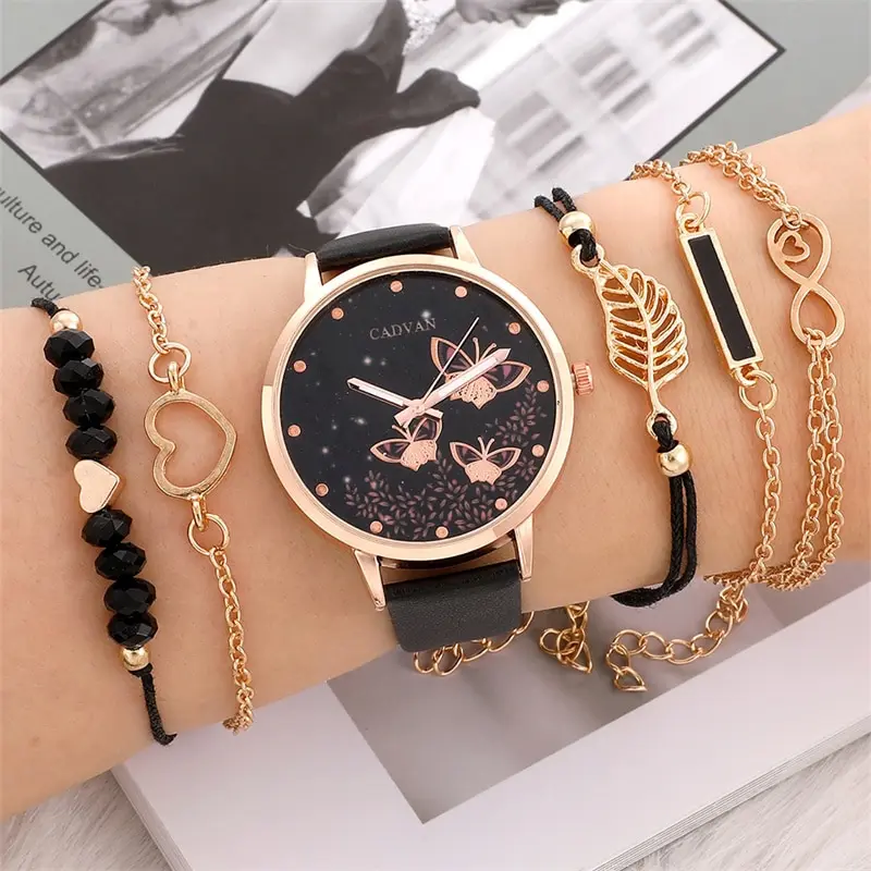 6pcs Set Womens Watches Ladies Fashion Butterfly Watch New Simple Casual Womens Analog WristWatch Bracelet Gift No Box