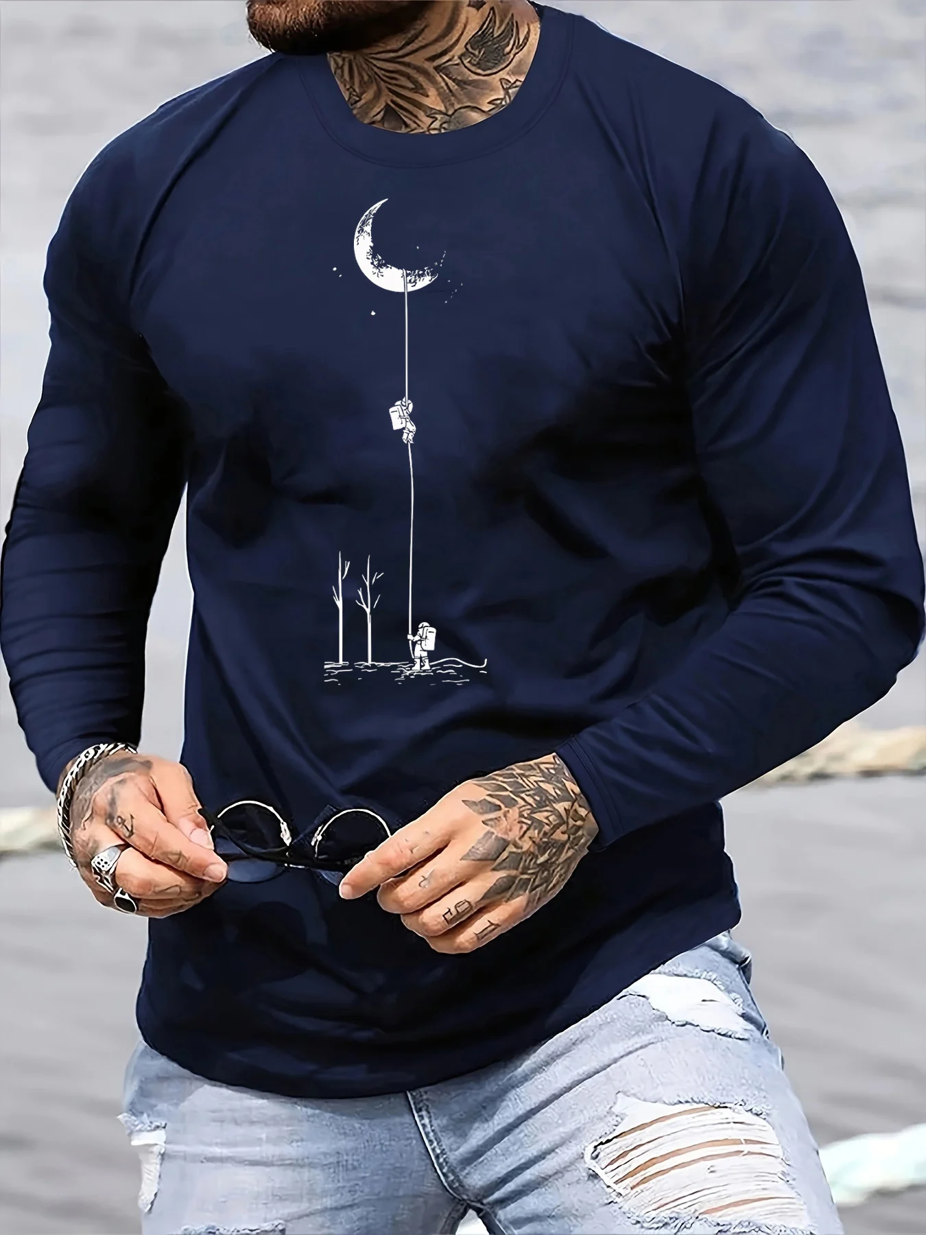 100% Pure Cotton Men's Long Sleeved Round Neck Loose Landing Moon Pattern Printed Spring and Autumn Versatile T-Shirt Top