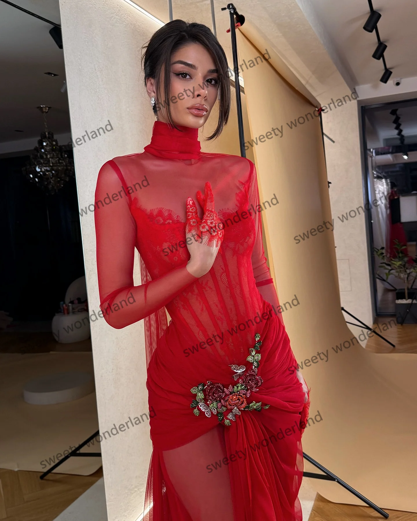 فساتين سهرة حمراء للنساء بأكمام طويلة من vestidos de noche فستان عربي بياقة عالية للحفلات الراقصة مطرز رداء حفلات مخصص